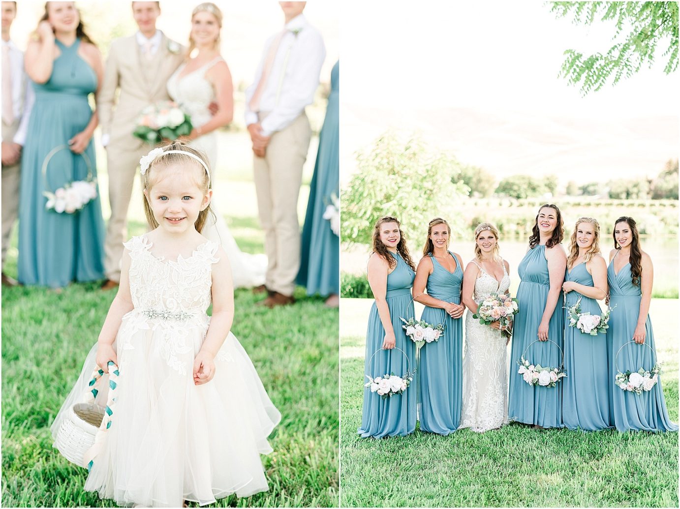 Prosser Farm Wedding Yakima Photographer Jake and Bri bridal party in dusty blue dresses