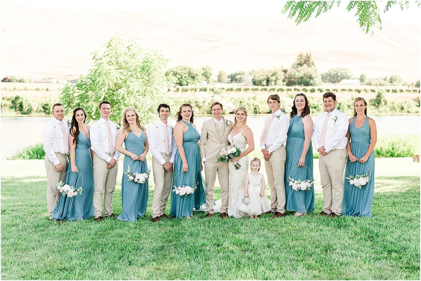 Prosser Farm Wedding Yakima Photographer Jake and Bri bridal party in dusty blue dresses