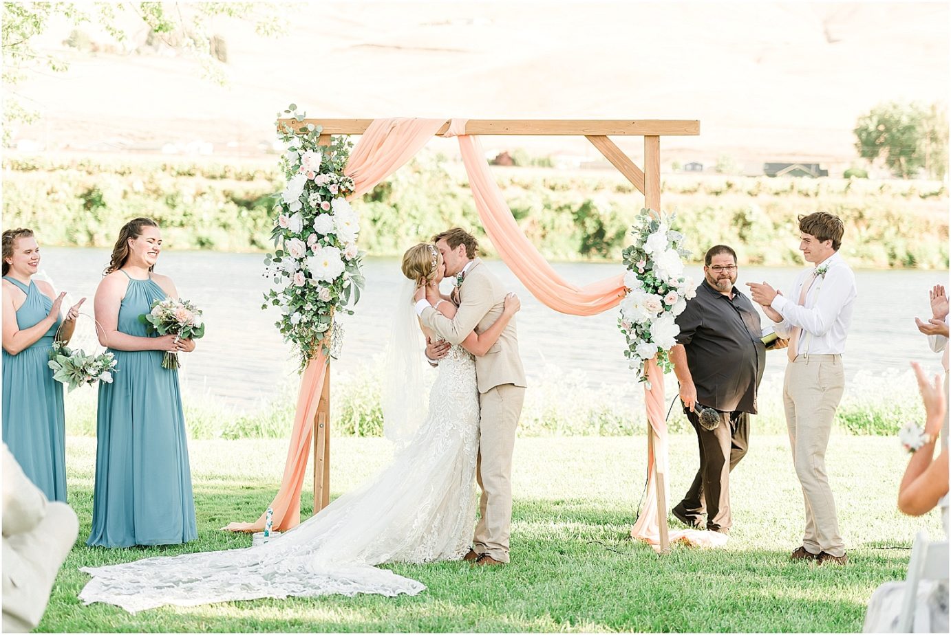Prosser Farm Wedding Yakima Photographer Jake and Bri ceremony first kiss