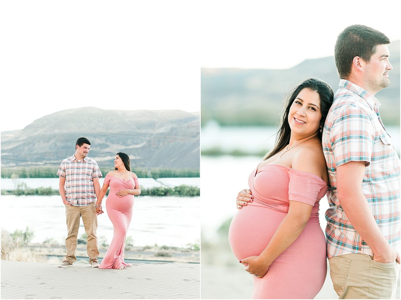 desert maternity session mom to be in blush pink dress on a sand dune