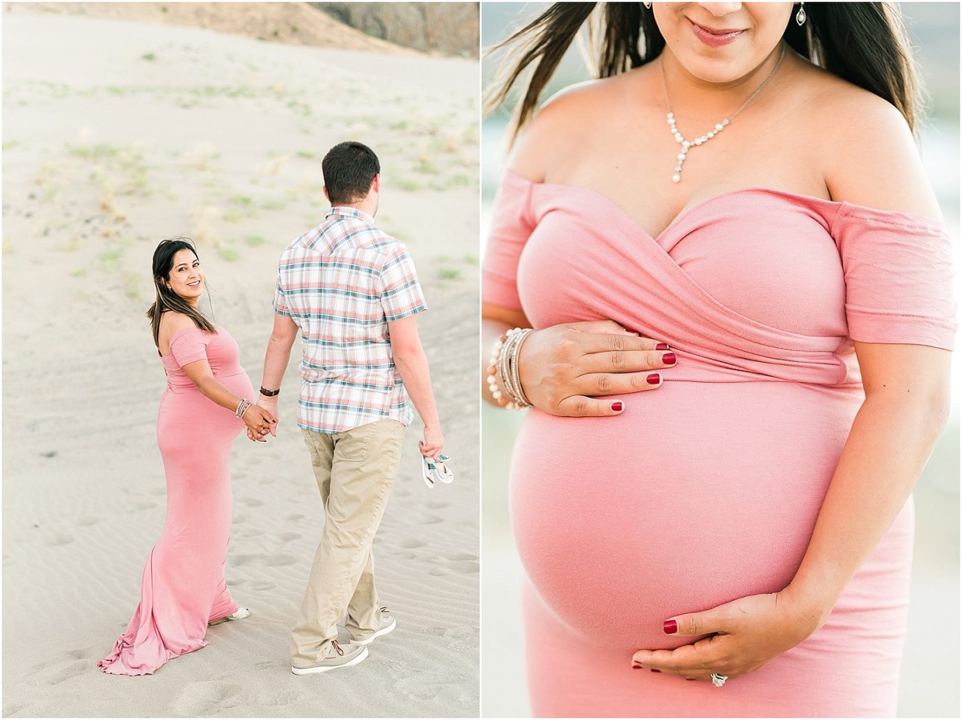 mom to be in blush pink dress on a sand dune