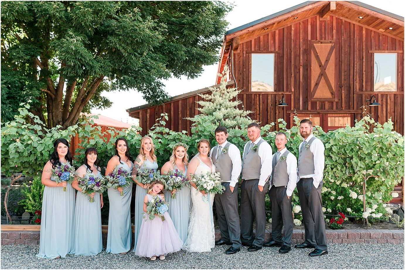 Sugar Pine Barn Wedding Party in front of barn
