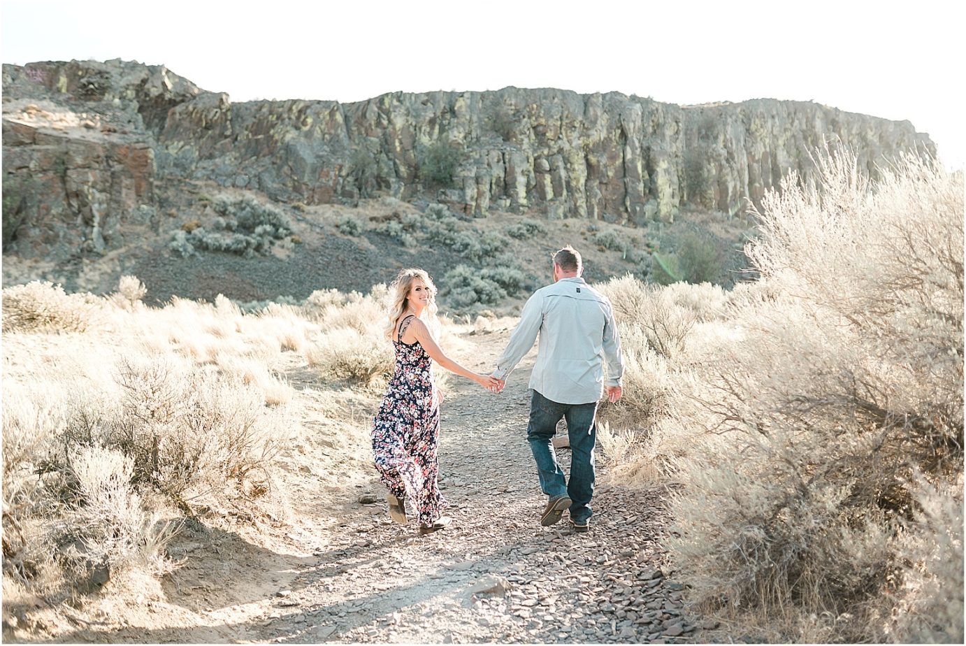 Frenchman Coulee Engagement Session Vantage WA Michael and Carley walking down the trail
