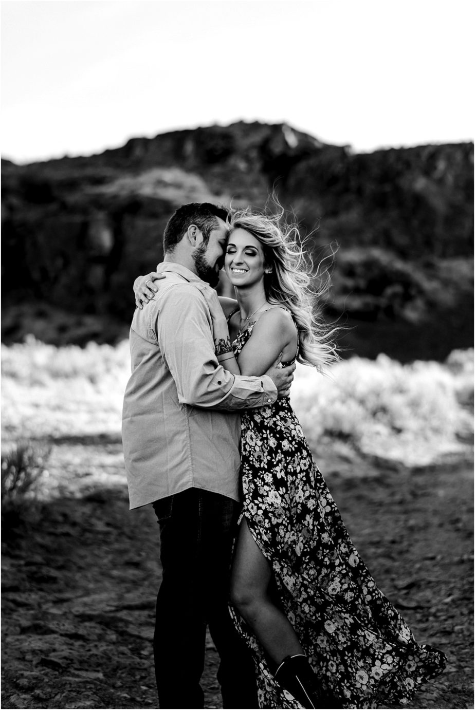 Frenchman Coulee Engagement Session Vantage WA Michael and Carley with her hair blowing in the wind