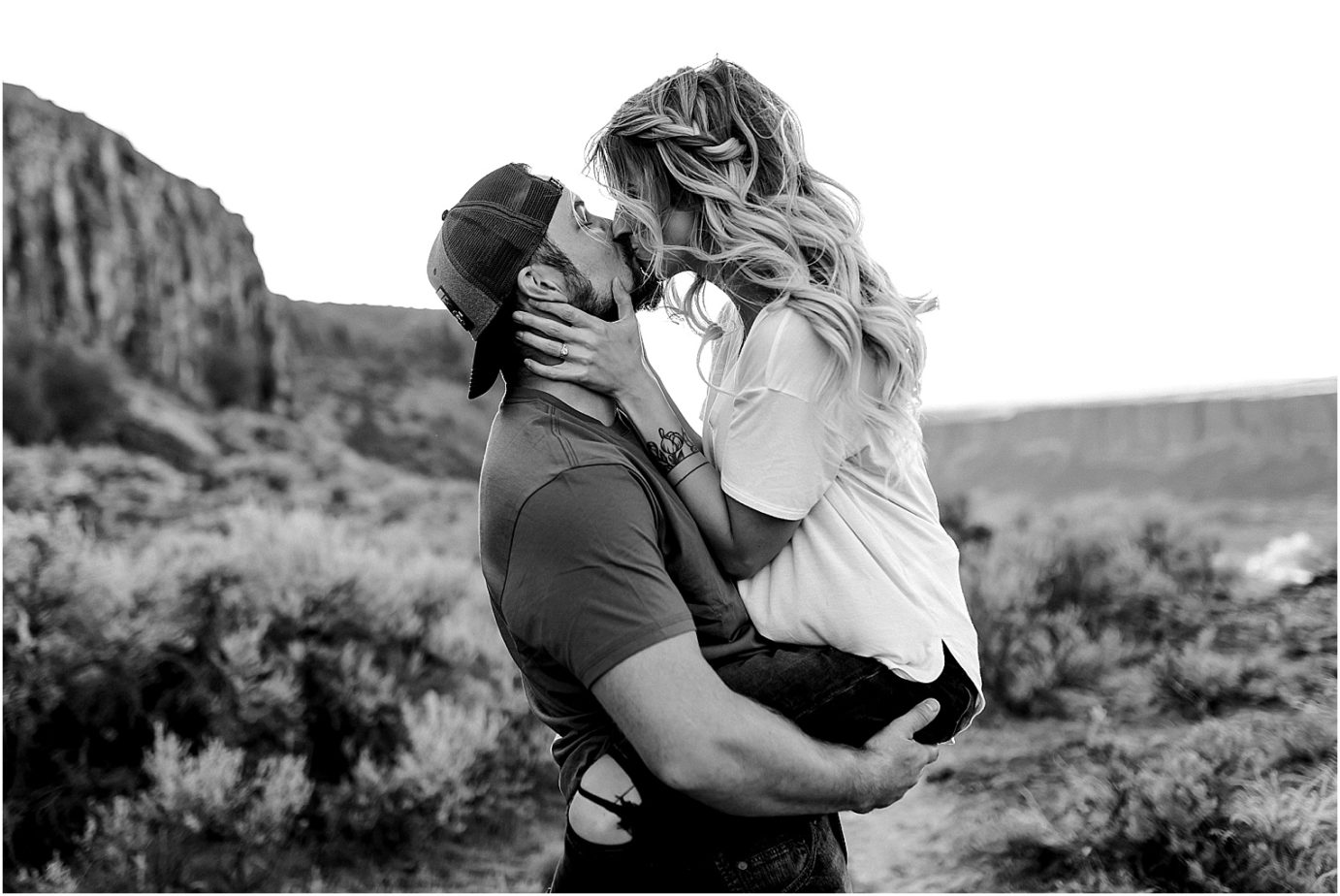 Frenchman Coulee Engagement Session Vantage WA Michael and Carley straddling each other