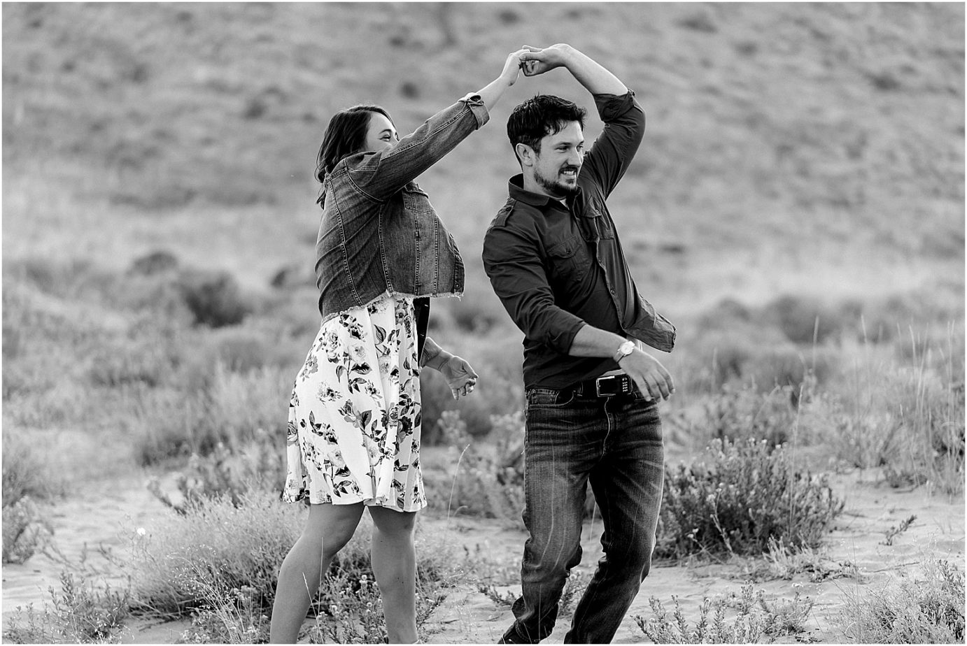 Twin Sisters Engagement Session Wallula WA Michael and Kelsie couple dancing front of the twin sisters