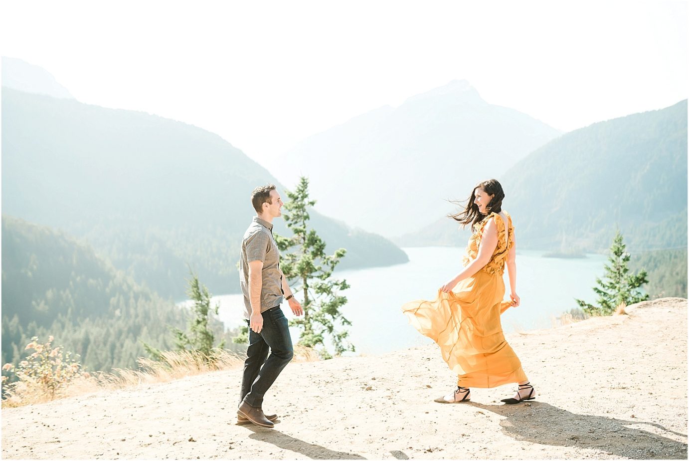 Diablo Lake Engagement Session Northern cascades Joe and Elizabeth walking by the overlook