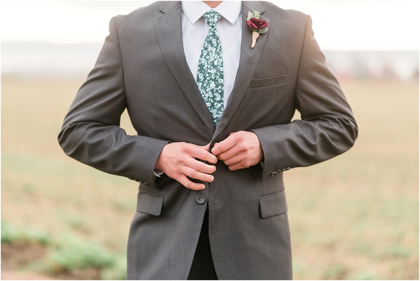 Ellensburg backyard wedding- groom in a grey suit