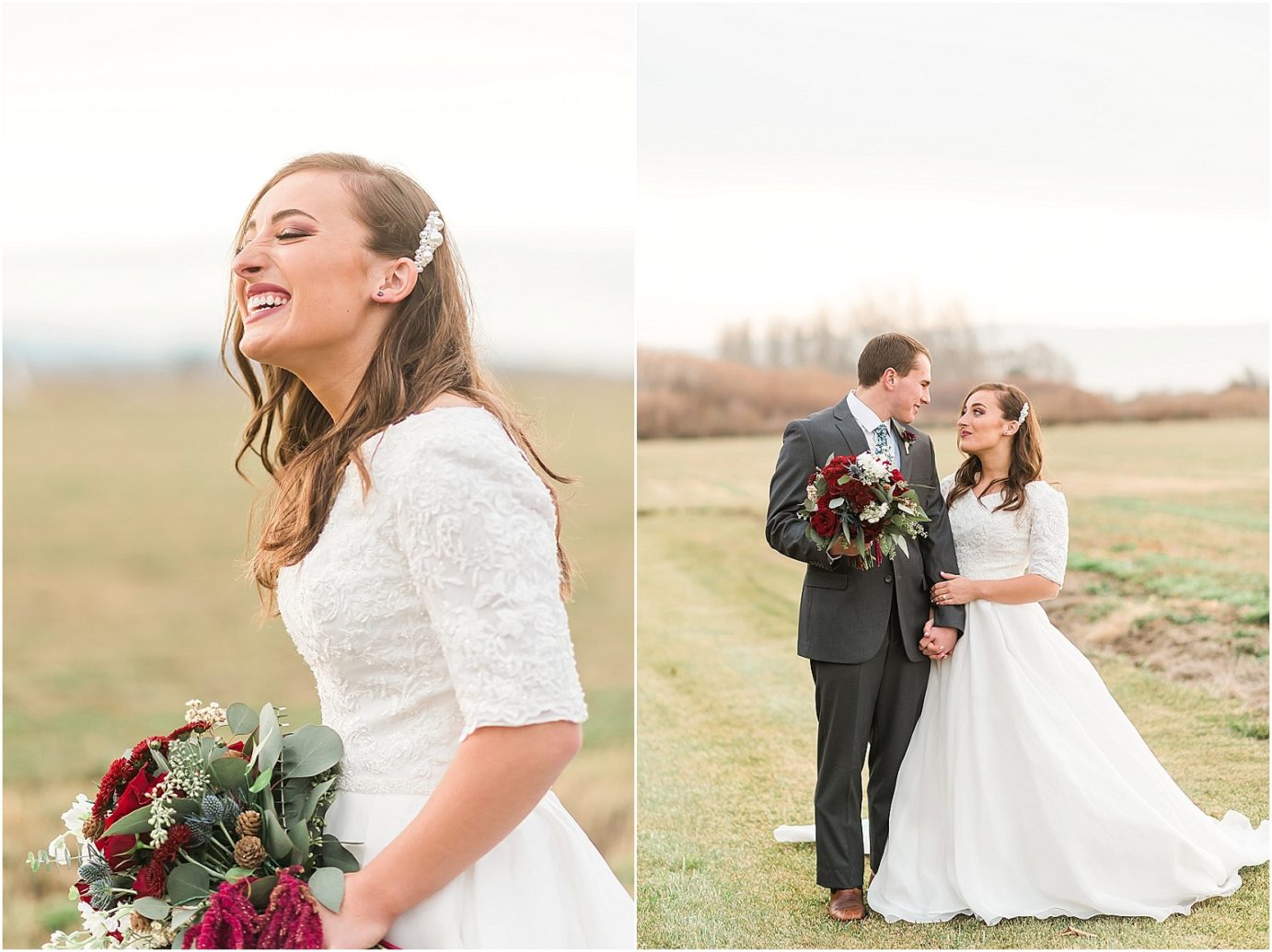 Ellensburg backyard wedding- bride in a modest wedding dress with maroon flowers