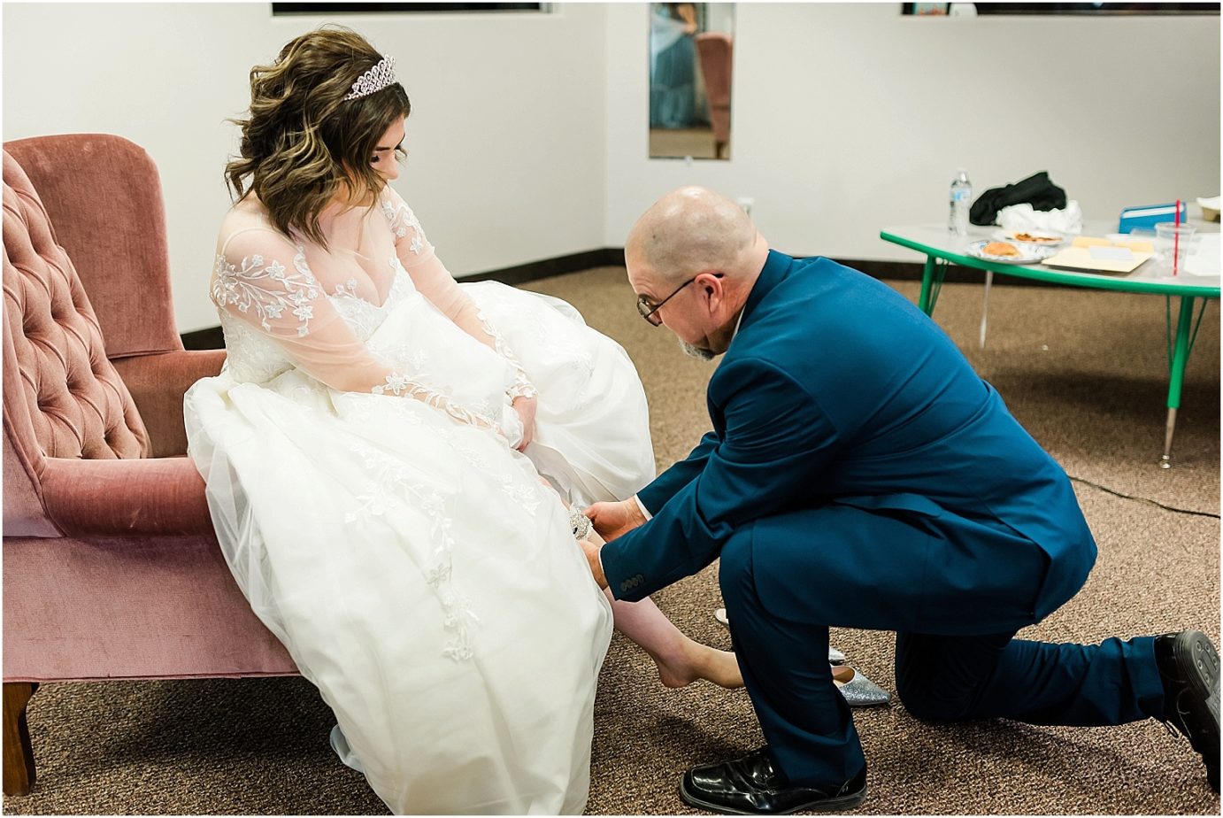 Intimate church wedding othello wa Melic and ashley brides dad putting on her shoes