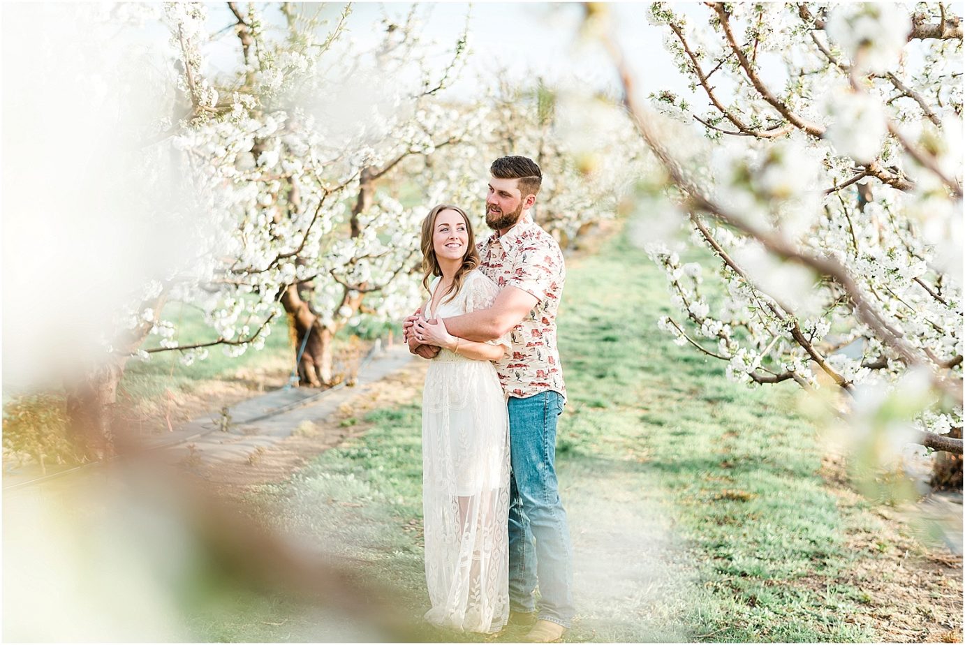 eastern washington engagement session PNW photographer Travis and arianna hugging in a cherry orchard