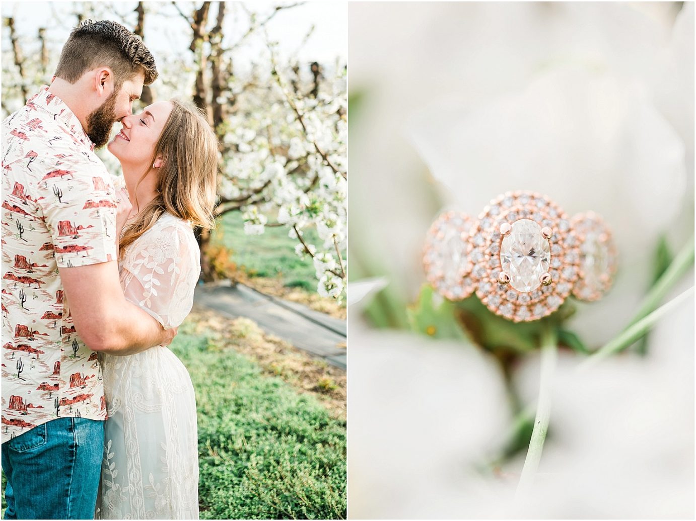 eastern washington engagement session PNW photographer Travis and arianna kissing around cherry blossoms