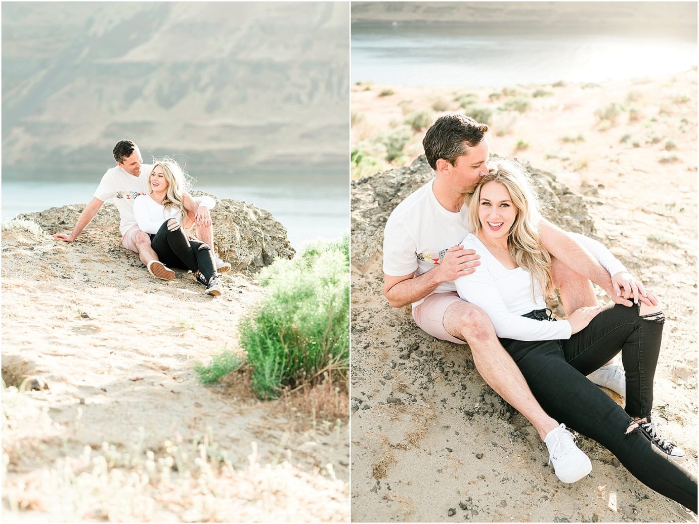 Twin Sisters Engagement Session Tricities photographer Zach and Catherine couple sitting in the sand