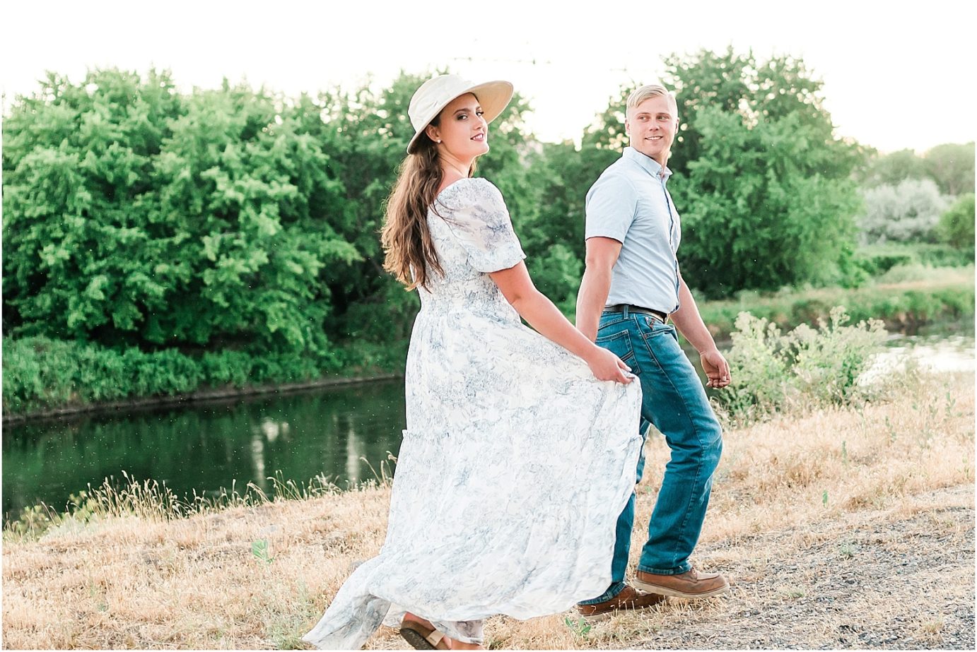 richland engagement session richland photographer Nate and Jacqueline walking by the river