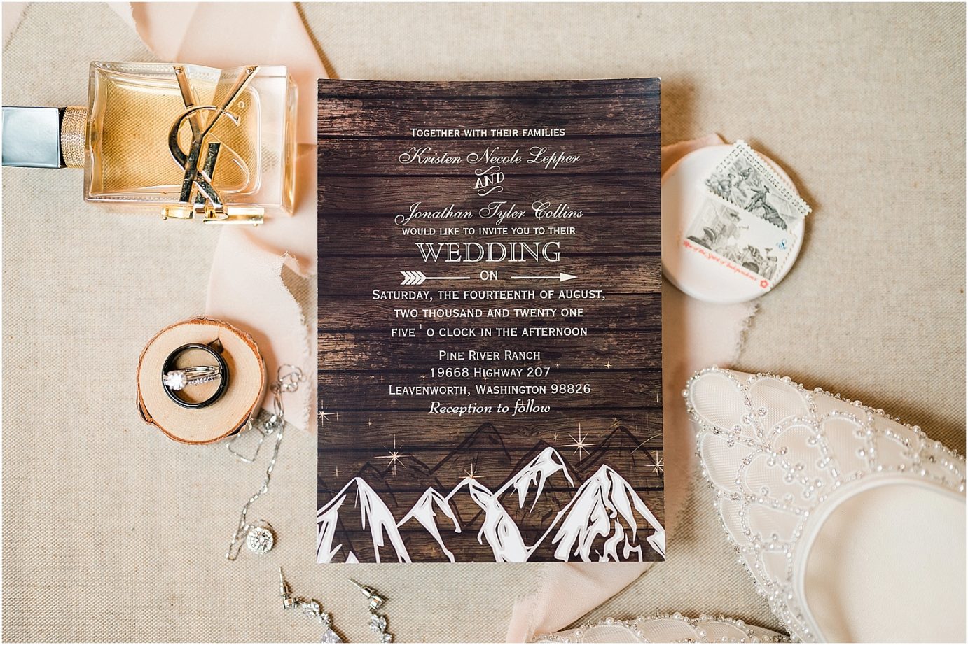 Intimate Pine River Ranch Wedding Leavenworth Photographer Jon and Kristen wedding invitation