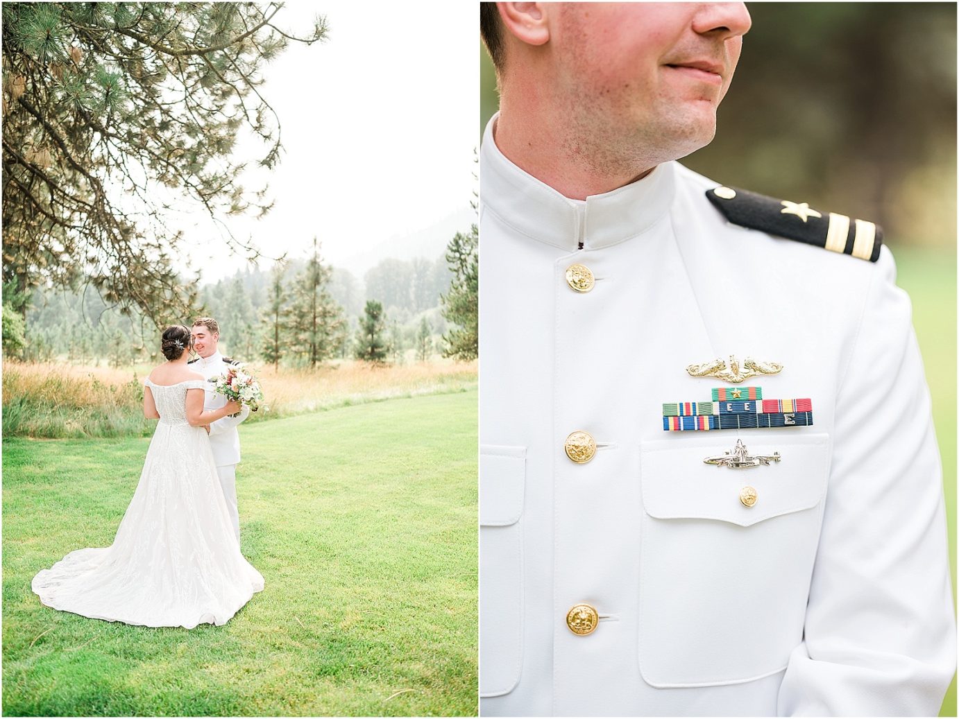 groom in his naval dress whites for his first look