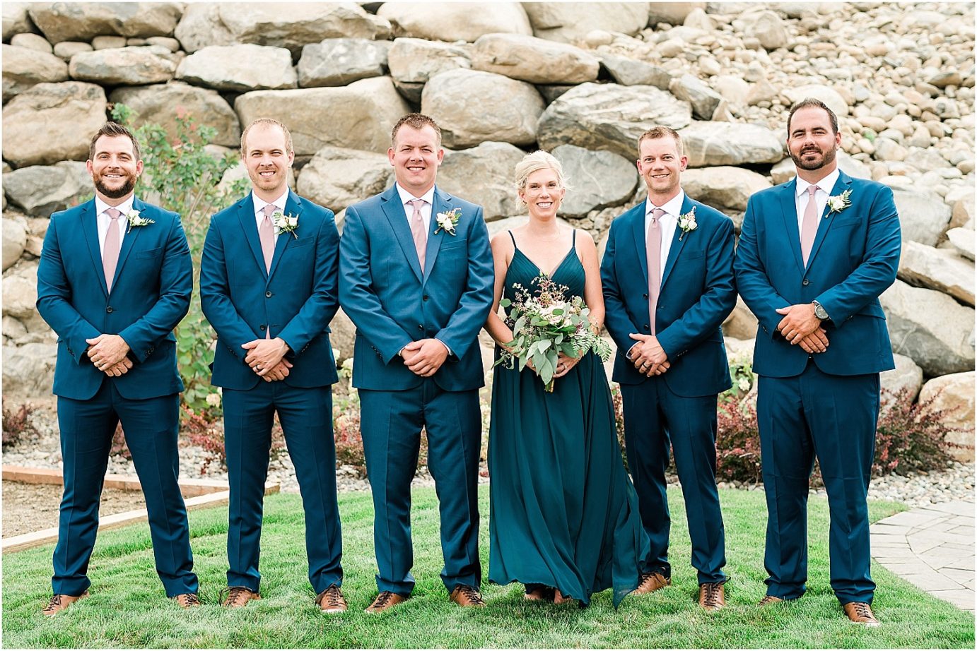 Rocky Pond Winery Wedding Chelan Photographer Austin and Aynsley groom and groomsmen in blue suits