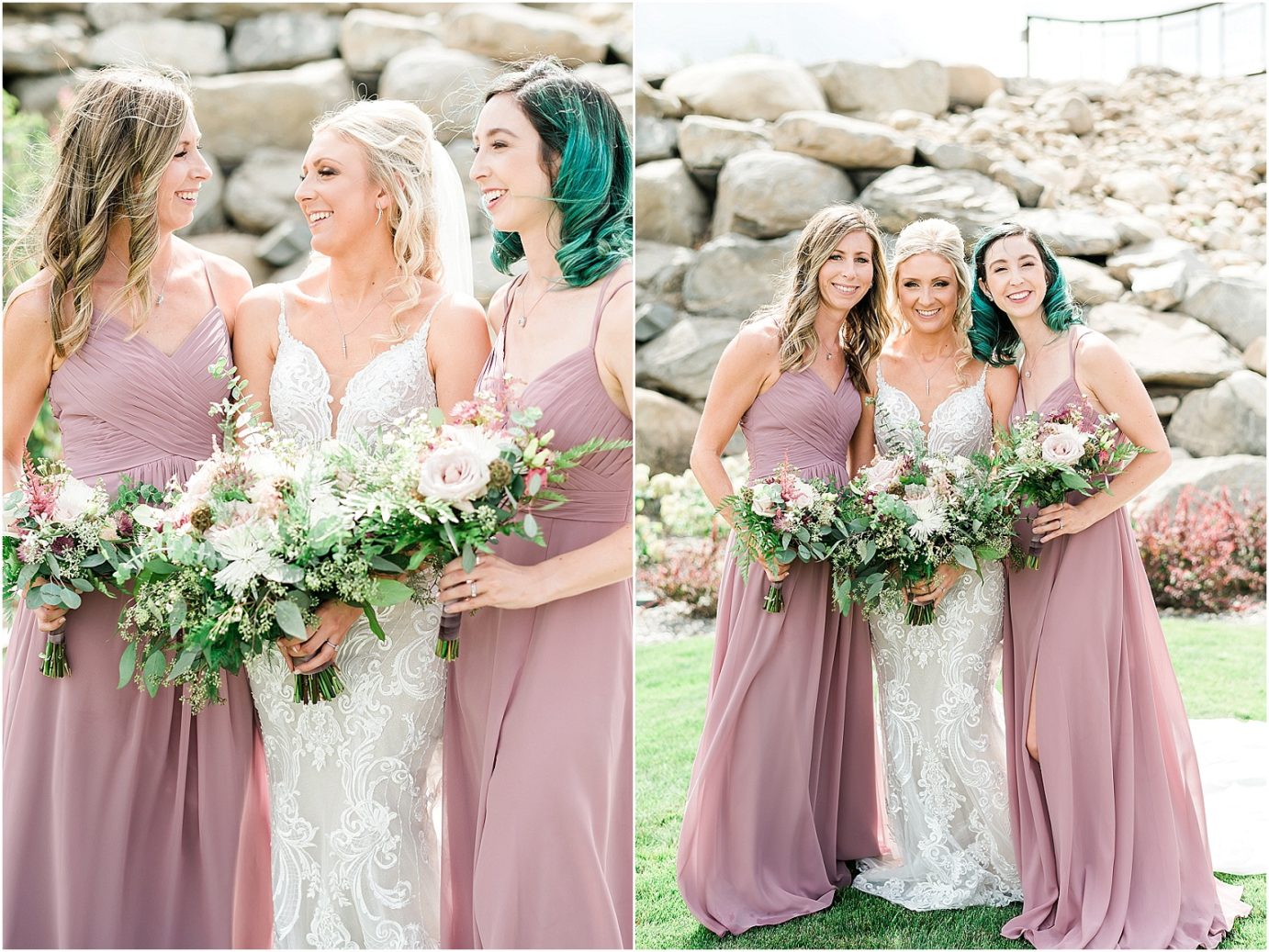 Rocky Pond Winery Wedding Chelan Photographer Austin and Aynsley bride and bridesmaids in blush dresses