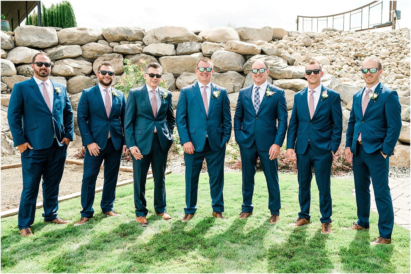 Rocky Pond Winery Wedding Chelan Photographer Austin and Aynsley groom and groomsmen in blue suits