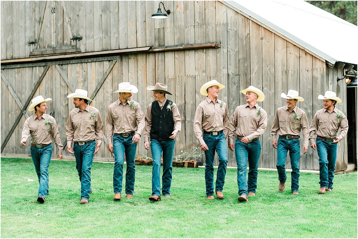 Barn at Blue Meadows Wedding Dayton WA Kyle and Malia groom and groomsmen with jeans and cowboy hats