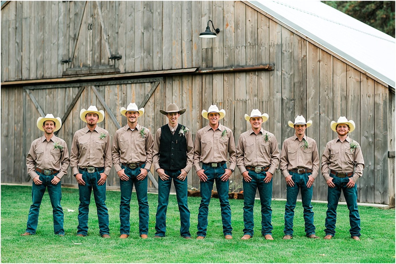 Barn at Blue Meadows Wedding Dayton WA Kyle and Malia groom and groomsmen with jeans and cowboy hats