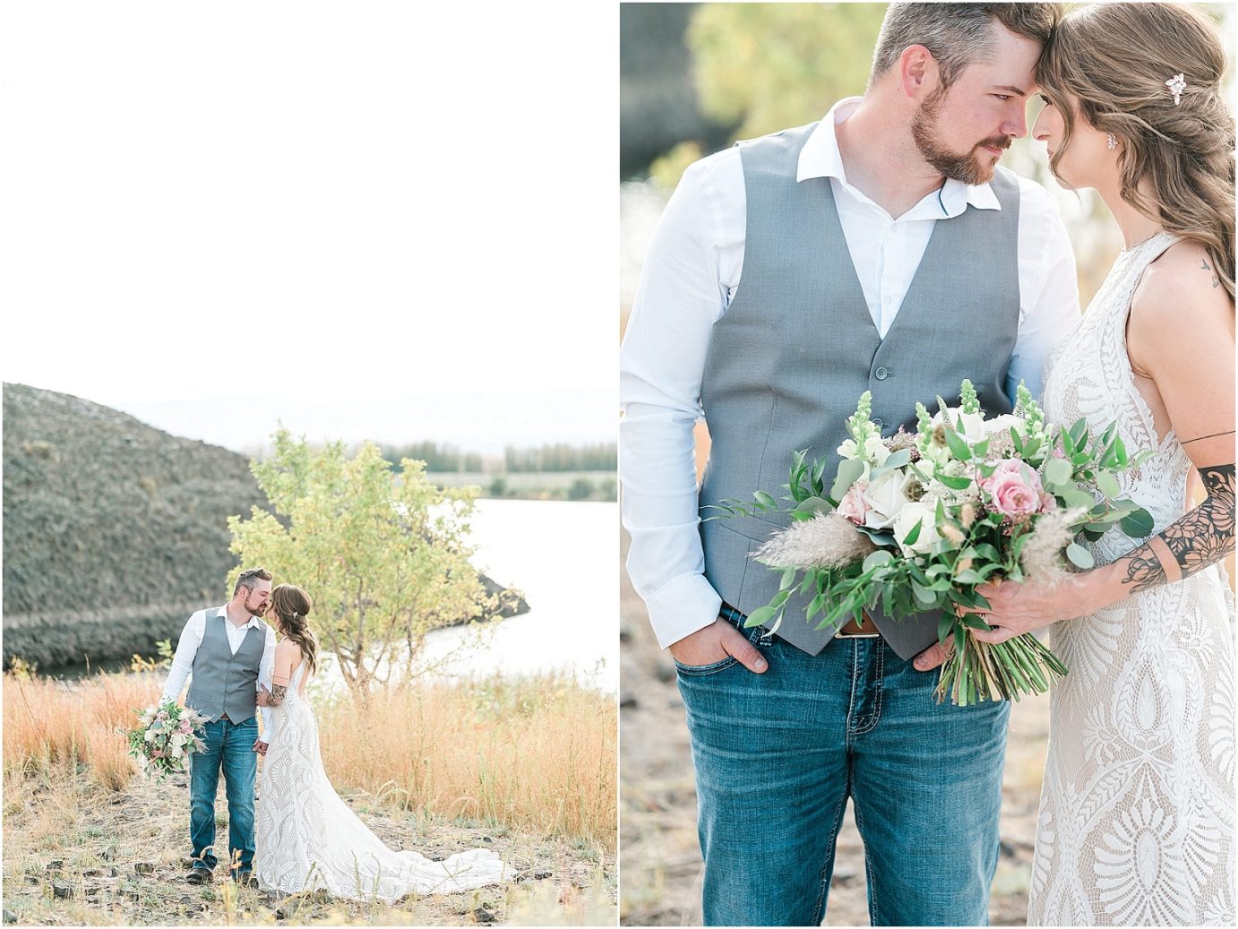 Eastern Washington Elopement Photographer Mike and Carley boho bridal bouquet with pink and greens