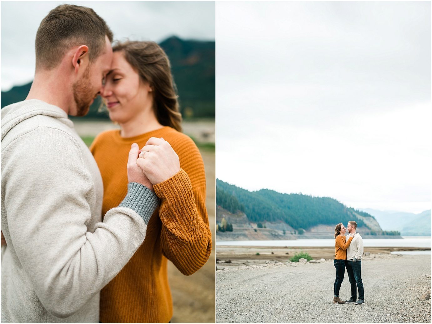 Keechelus Lake Engagement Session Snoqualmie Pass Sean and Megan hugging on the lake shore