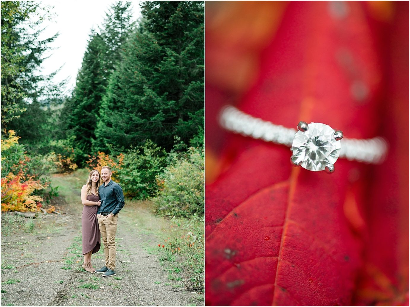 Keechelus Lake Engagement Session Snoqualmie Pass Sean and Megan ring shot with red leaf