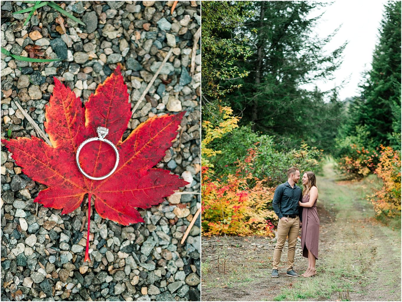 Keechelus Lake Engagement Session Snoqualmie Pass Sean and Megan ring shot with red leaf