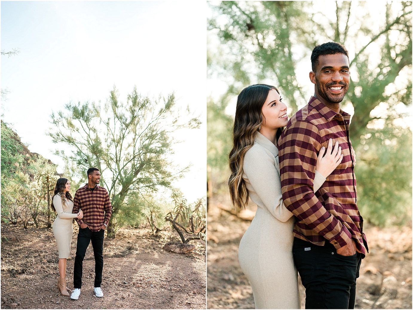 Desert engagement session tempe photographer Mansel and Rita couple standing by cactus