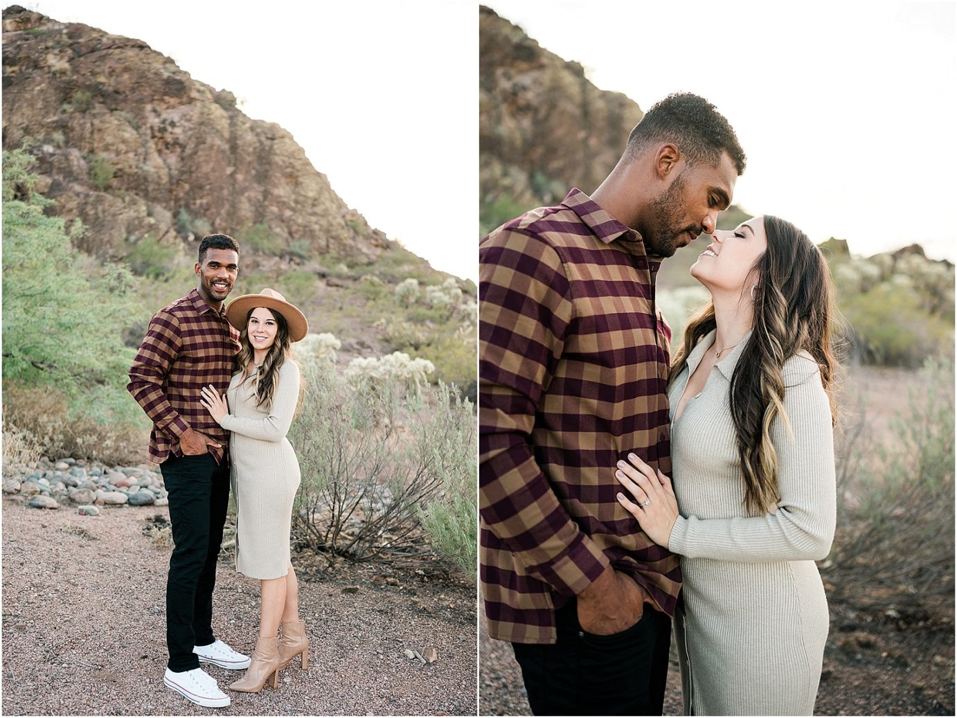 Desert engagement session tempe photographer Mansel and Rita couple walking by cactus
