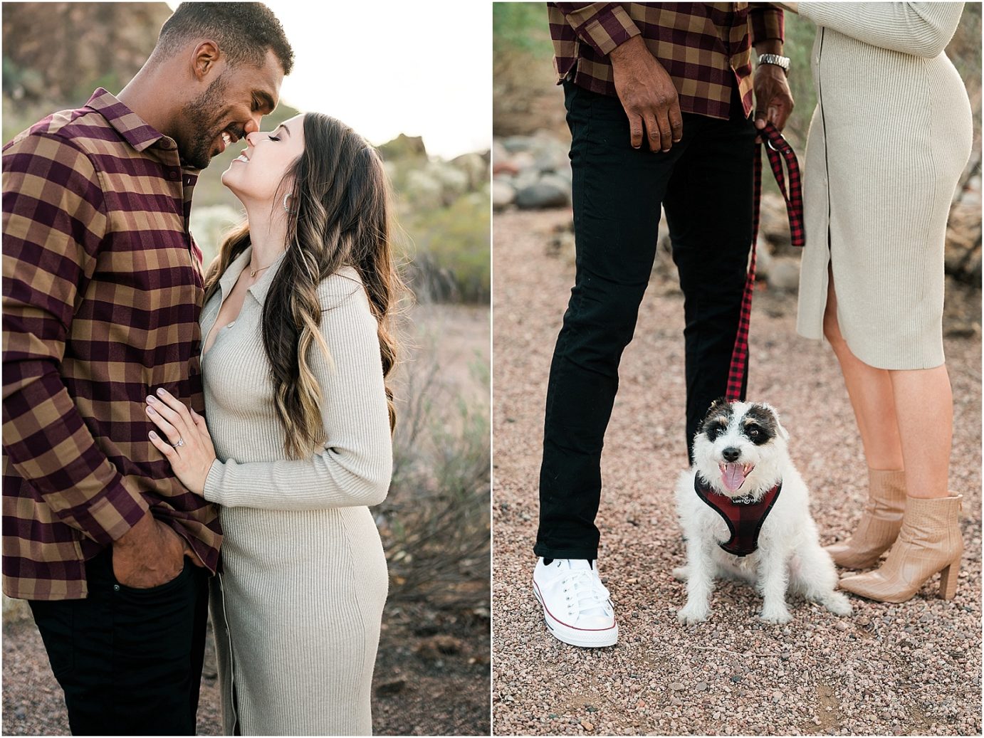 Desert engagement session tempe photographer Mansel and Rita couple snuggling by cactus