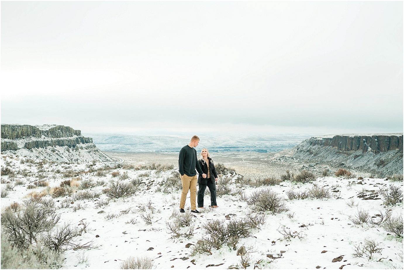 Wintery Desert Engagement Session Vantage Photographer Dakota and Madisyn overlooking the gully