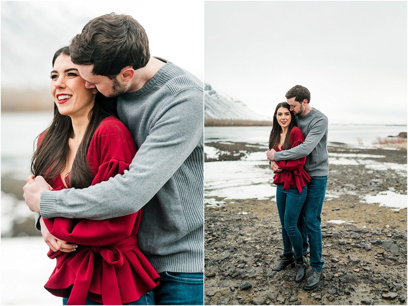 Winter engagement session Yakima Photographer Joel and Jaclyn wearing casual clothes in the snow by the river