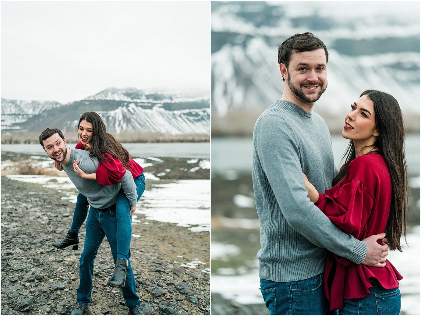 Winter engagement session Yakima Photographer Joel and Jaclyn wearing casual clothes giving a piggy back ride