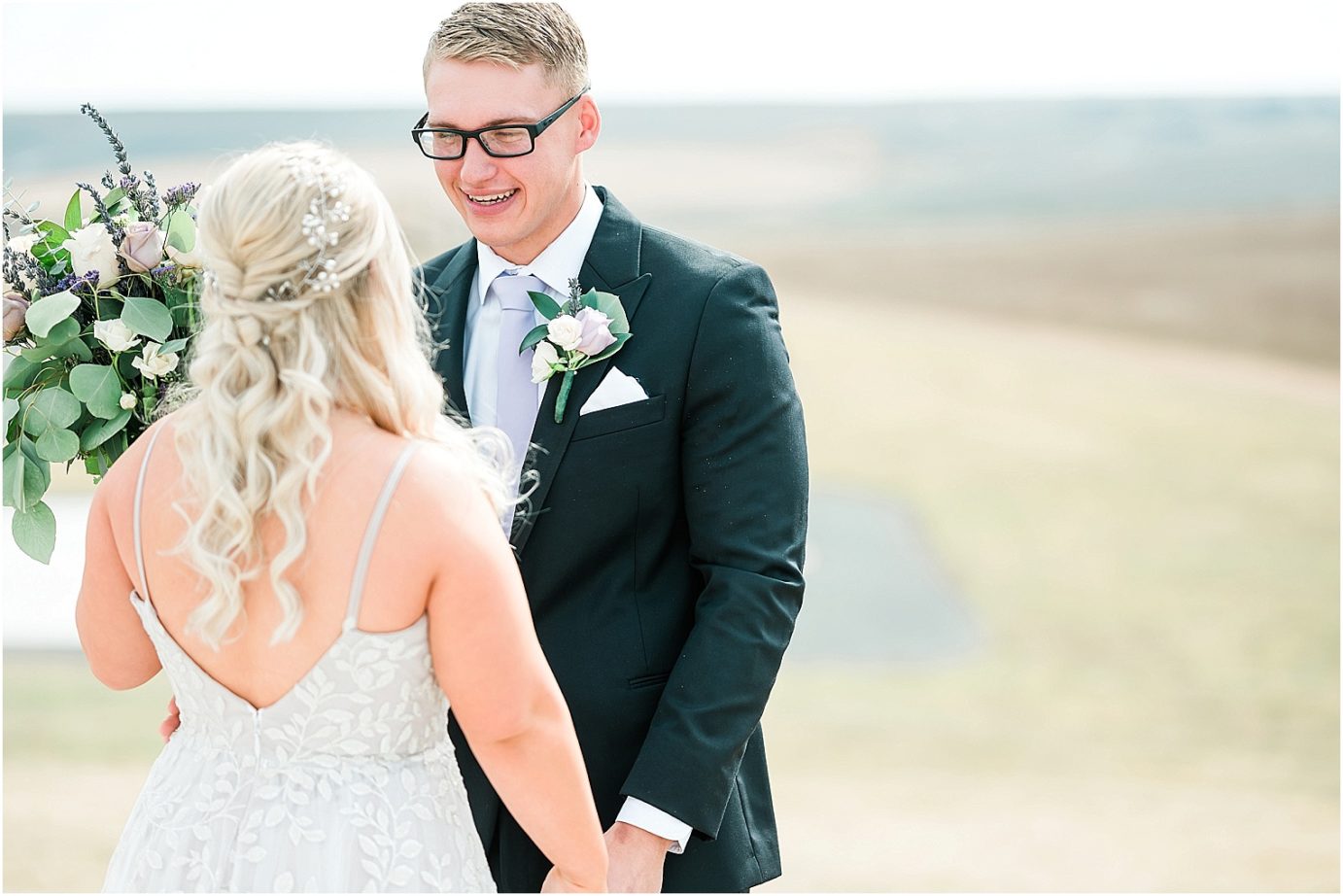 Tin Roof Venue Wedding Moses Lake Dakota and Madisyn first look with groom