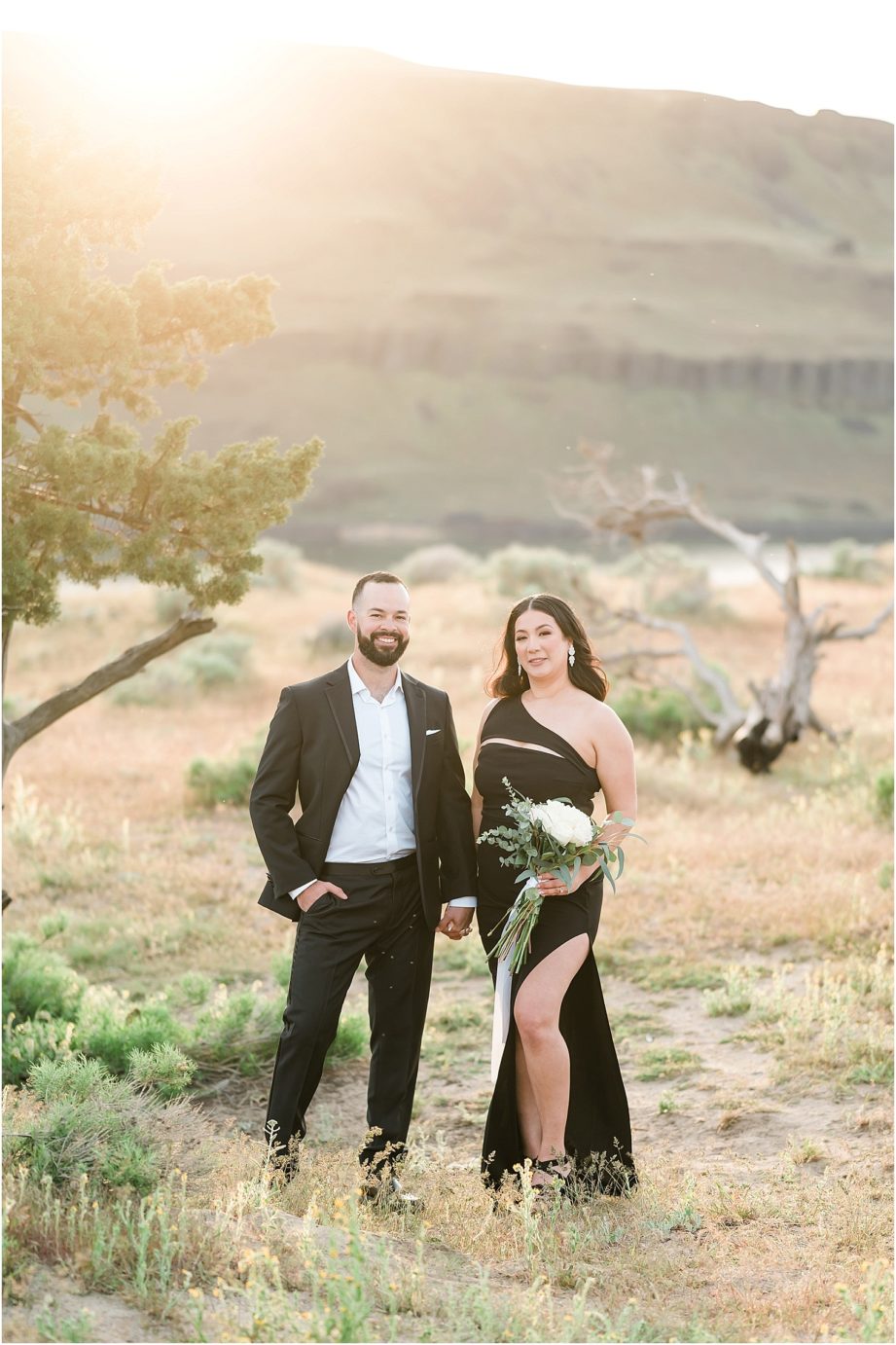 Desert Engagement session Eastern Washington Julio and Marissa in black tie formal attire