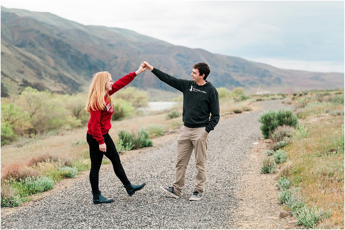 Eastern Washington engagement session Jack and Kirby dancing on walkway