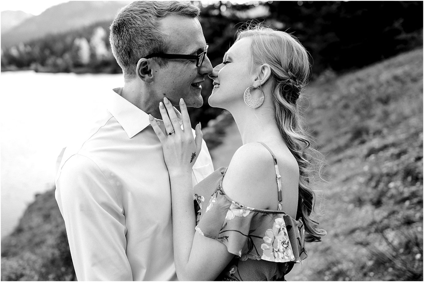 Bride with hand on grooms facing during Snoqualmie Pass engagement session