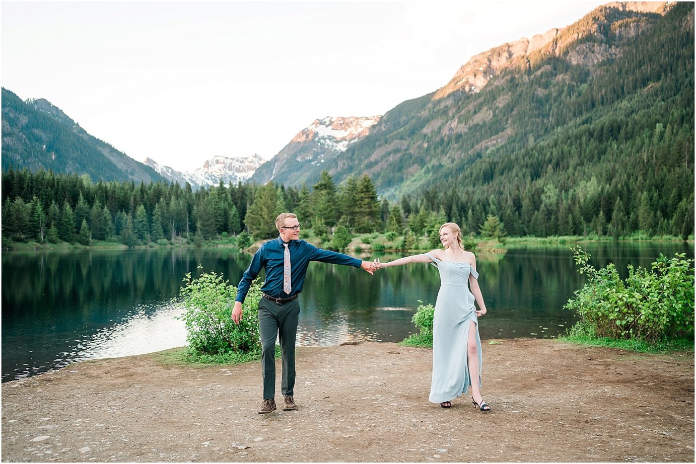 Couple dancing during Snoqualmie Pass engagement session