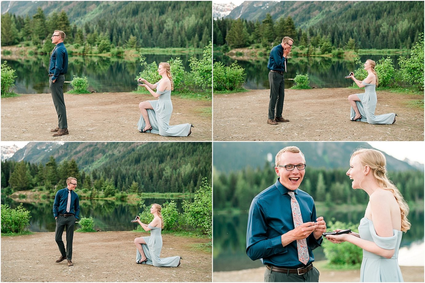 Bride proposing to groom at snoqualmie pass engagement session