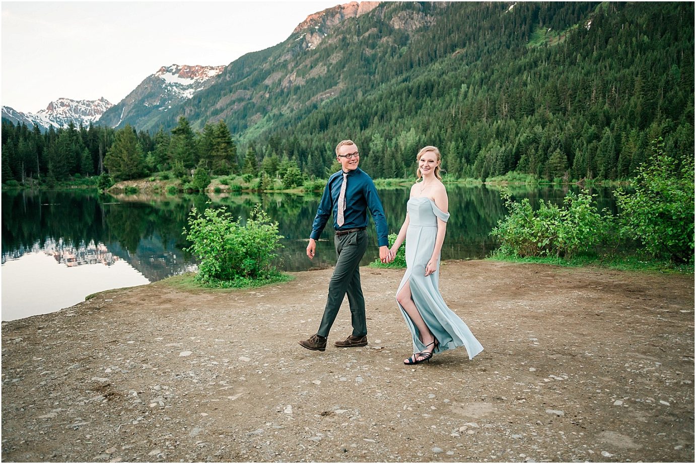 Snoqualmie Pass engagement session snoqualmie pass wa Chris and Cassiah walking in front of Gold Creek Pond