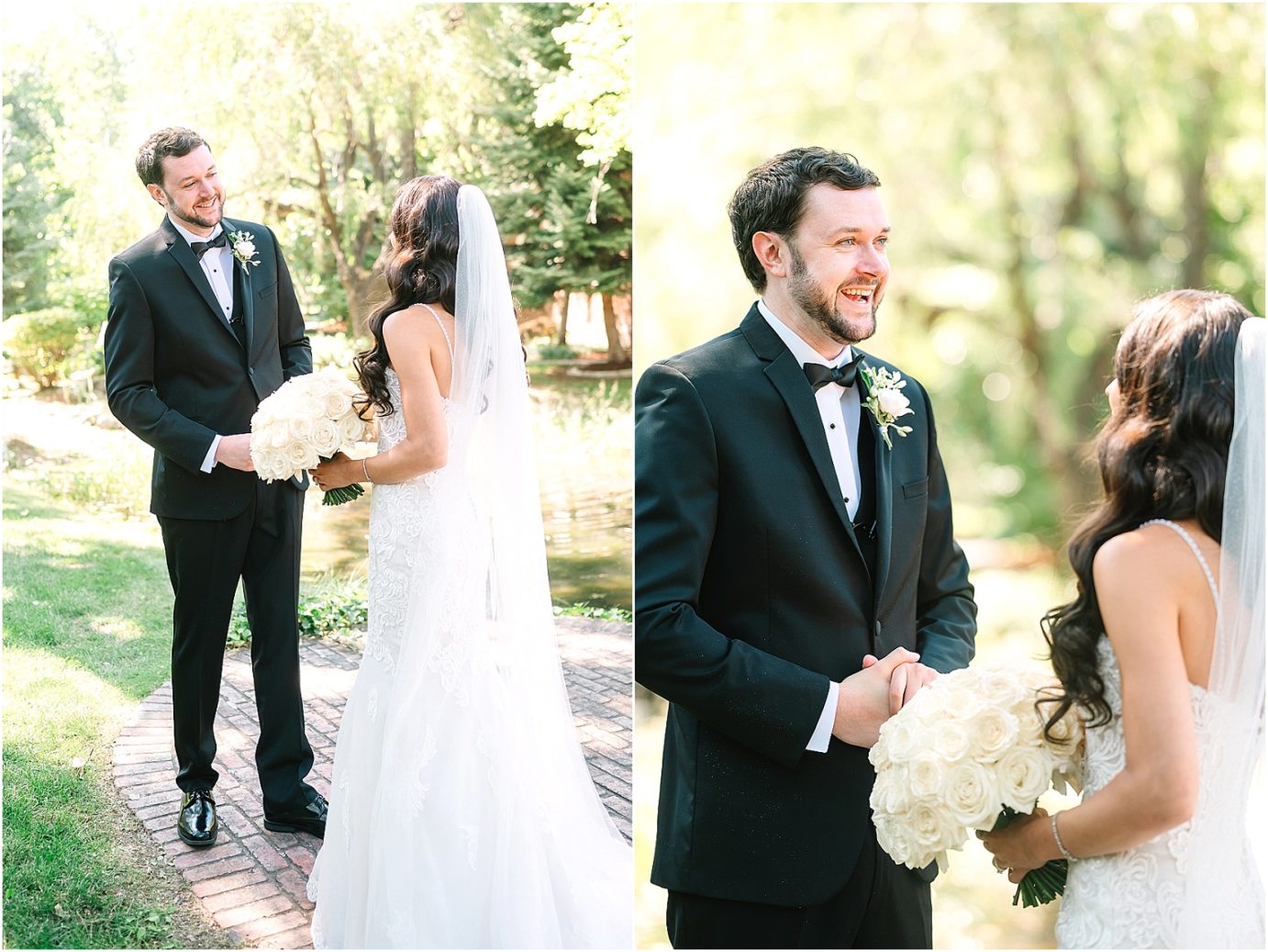 Disney-inspired Oakshire Estate Wedding bride and groom first look on a bridge