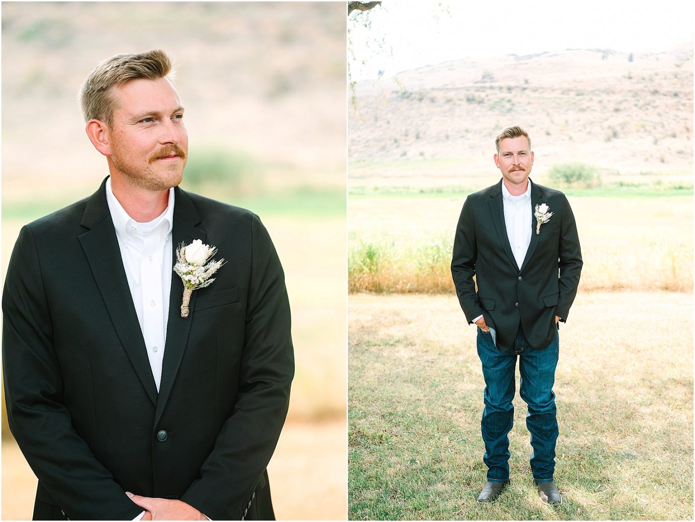 Party Barn at HJ Ranch Wedding groom posing in suit