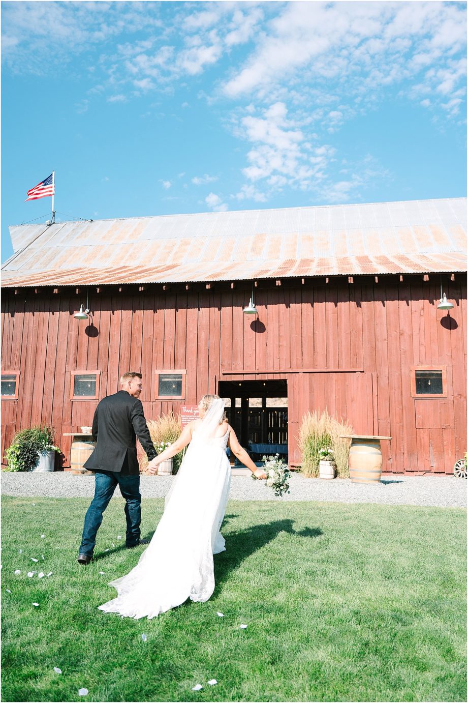 Party Barn at HJ Ranch Wedding bride and groom entering barn