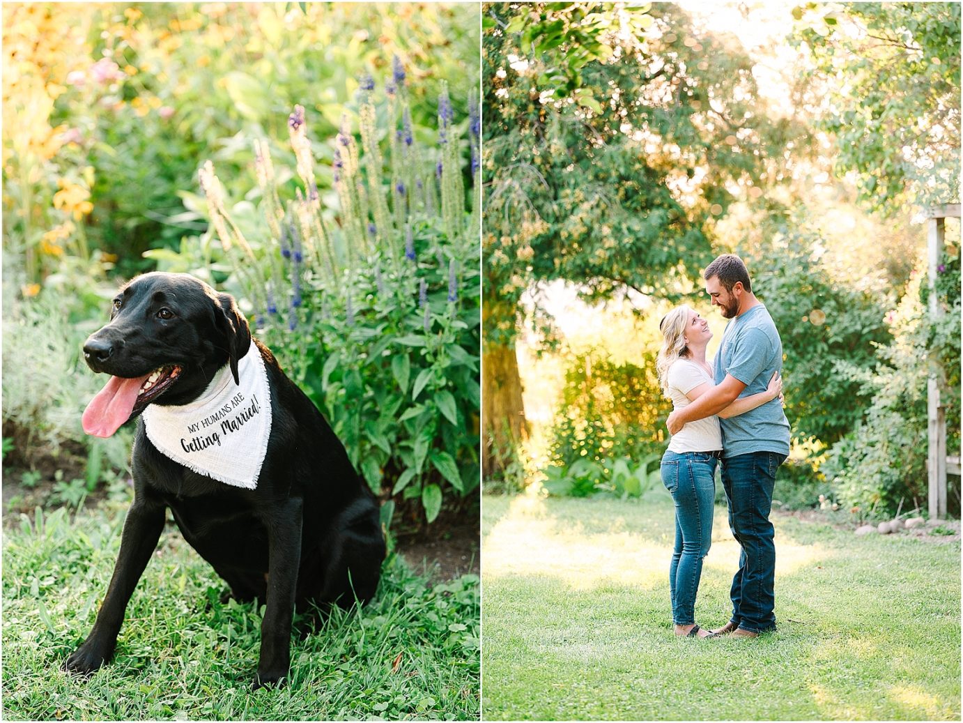 couple and their dog during their garden engagement session