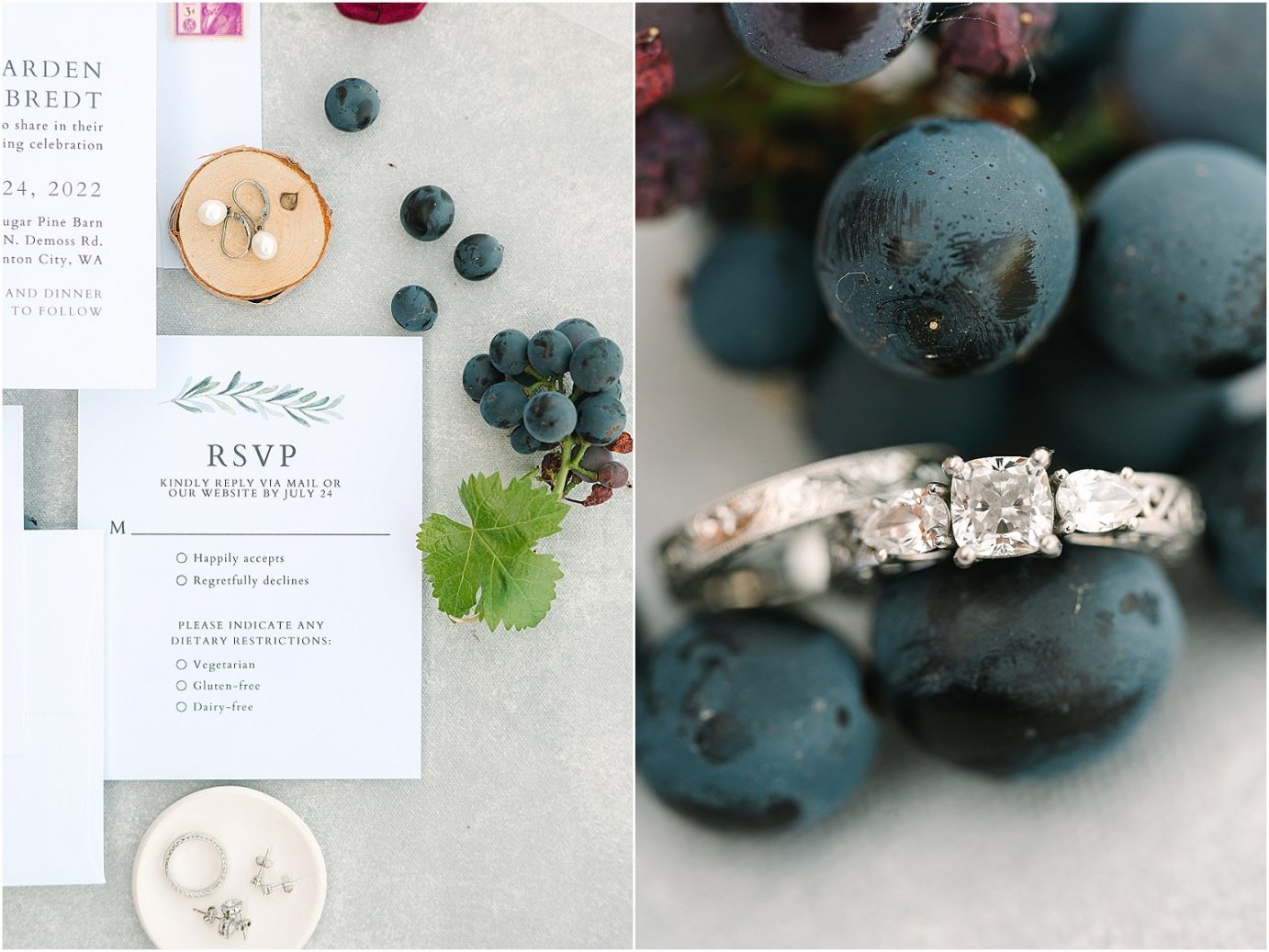 Wedding at Sugar Pine Barn - invitation and ring shot with wine grapes