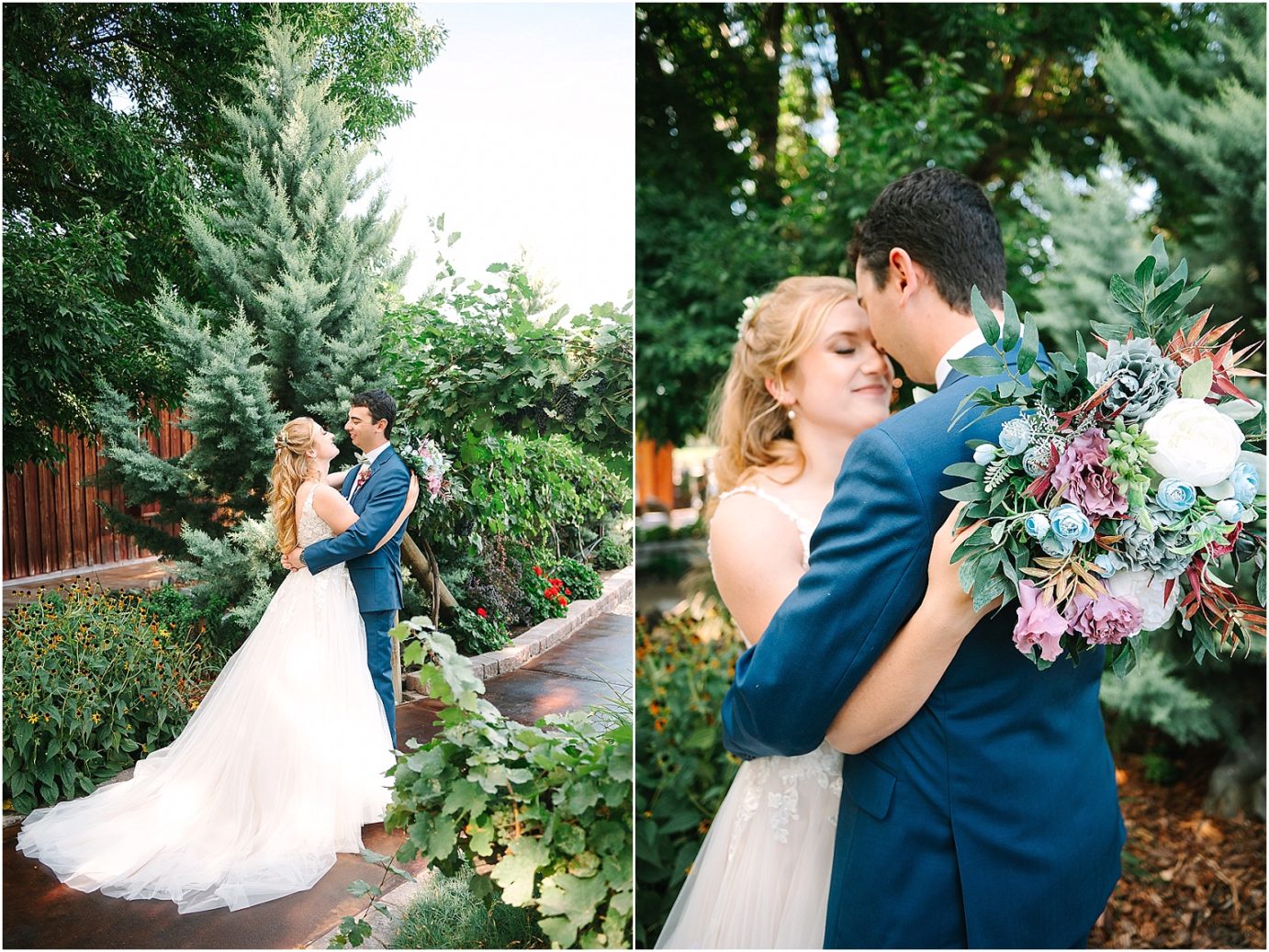Wedding at Sugar Pine Barn - bride and groom hugging in garden area