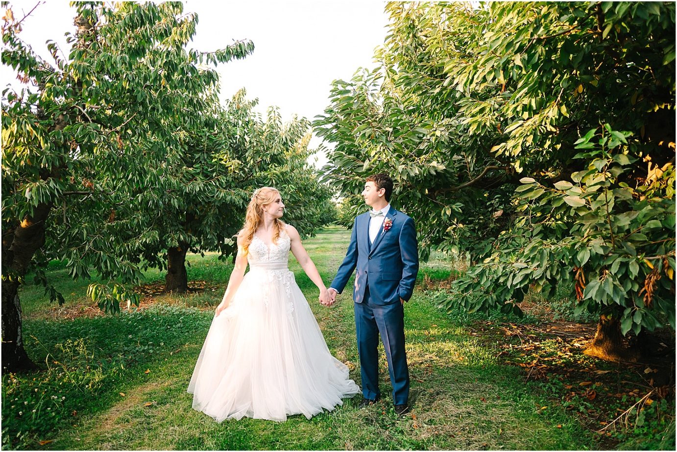 Wedding at Sugar Pine Barn - sunset photos in orchard next door