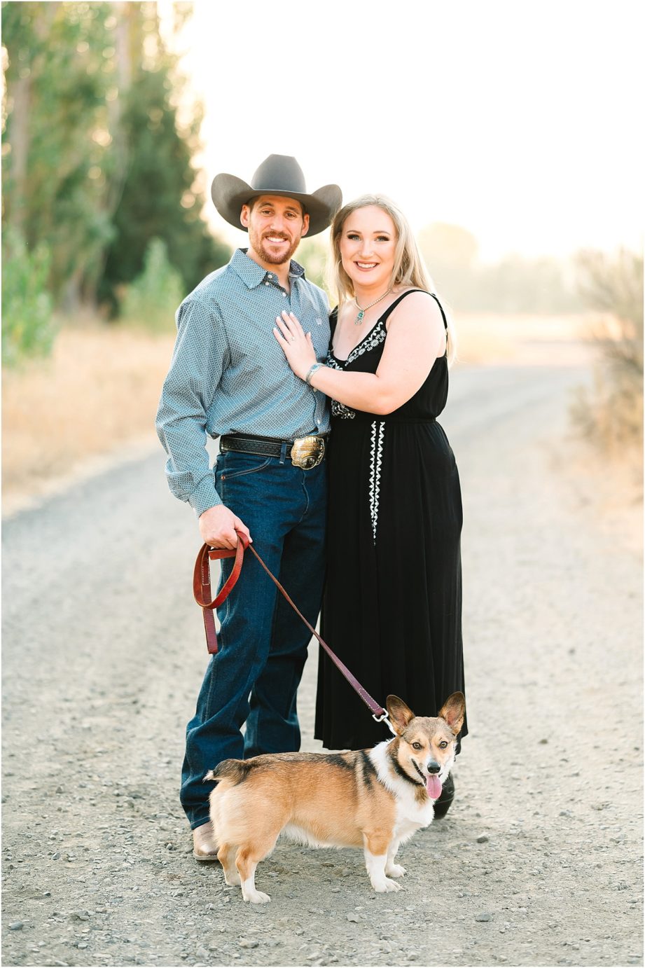 Engagement session in the desert Central WA Andrew and Shelby couple with Corgi puppy